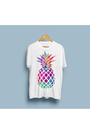 Unisex Beyaz Renkli Ananas Tasarım Baskılı Tişört KRG0126