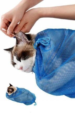 Kedi Yıkama Filesi Torbası Mavi Renk Evcil Hayvan Yıkama Filesi Kedi Tırnak Kesme Pet Bakım Filesi MYGKEDİYIKM