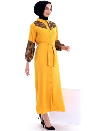 Kadın Kol Yaka Garnili Düğmeli Kuşaklı Elbise 2077 NESS-2077-PD