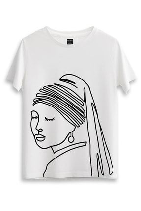 Kadın Beyaz Inci Küpeli Kız T-Shirt GRLRPAER1