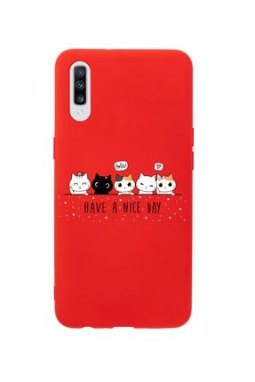 Samsung A70 Şirin Kedicikler Premium Silikonlu Kırmızı Telefon Kılıfı MCSAMA70LSRK