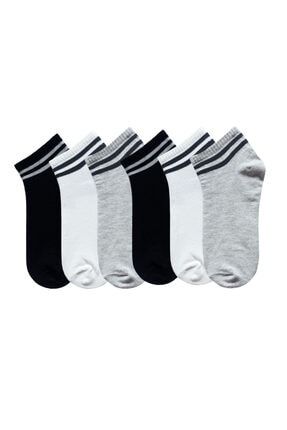 6'lı Çizgili Kolej Unisex Siyah Gri Beyaz Çorap U0011