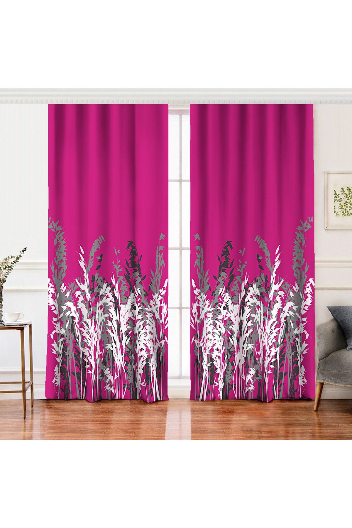 Realhomes Perdeau De Fundal Imprimat Digital Cu Motiv De Flori Albe Și Gri Pe Fundal Fuchsia Cu Aripi Duble - 140 x 200