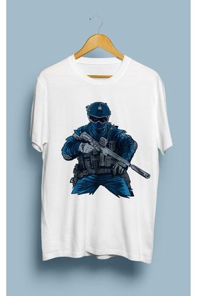 Unisex Beyaz Asker Tasarım Baskılı Tshirt KRG0290