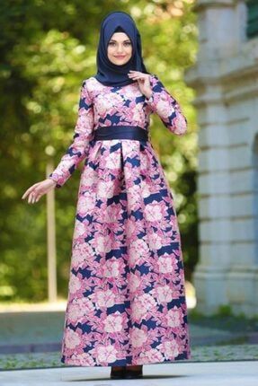 Tesettür Abiye Elbise - Jakarlı Çiçek Desenli Lacivert Tesettür Abiye Elbise 24412l MGR-24412