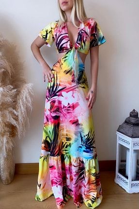 Kadın Renkli Çiçekli Likralı Maxi Elbise AHLVW249