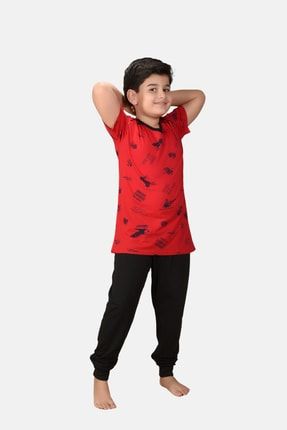 Erkek Çocuk Kırmızı 3 Lü Takım Desenli V Yaka Yazlık Pijama Takımı M3001