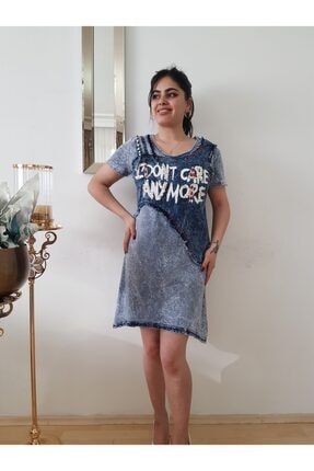 Kadın Mavi Yıkamalı Kumaş Tunik Elbise FERO0000634