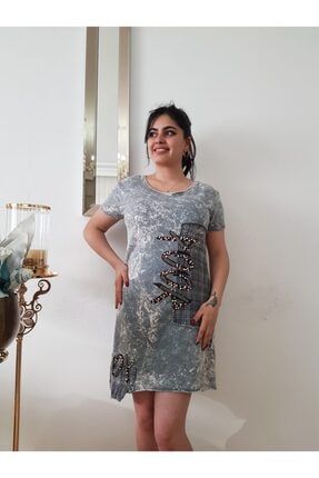 Kadın Gri Yıkamalı Kumaş Tunik Elbise FERO0000634