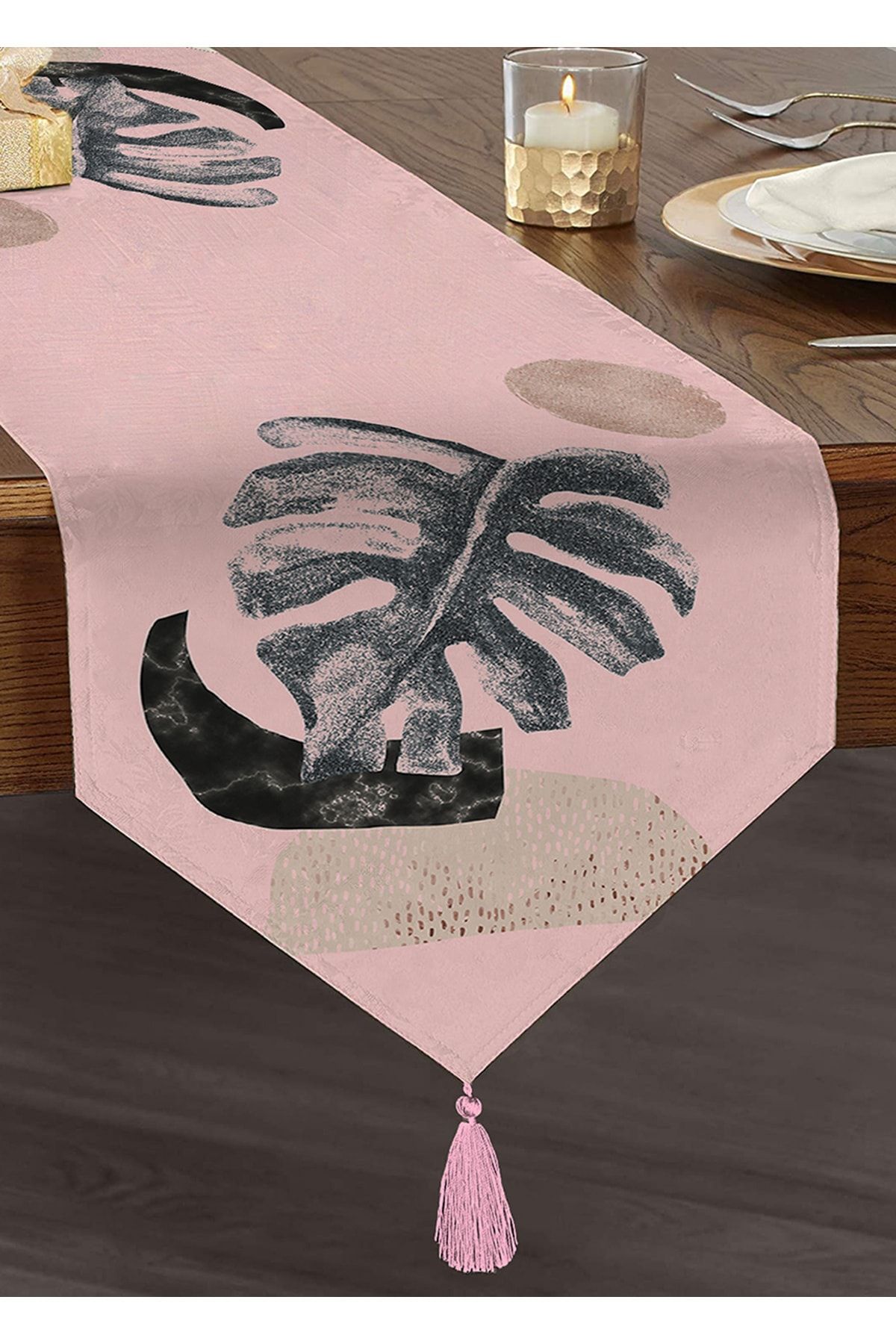 Realhomes Chenille Triunghi Runner Cu Model De Frunze Tropicale Ciucuri Cu Design Special Imprimat Pe Fundal Roz - One Size