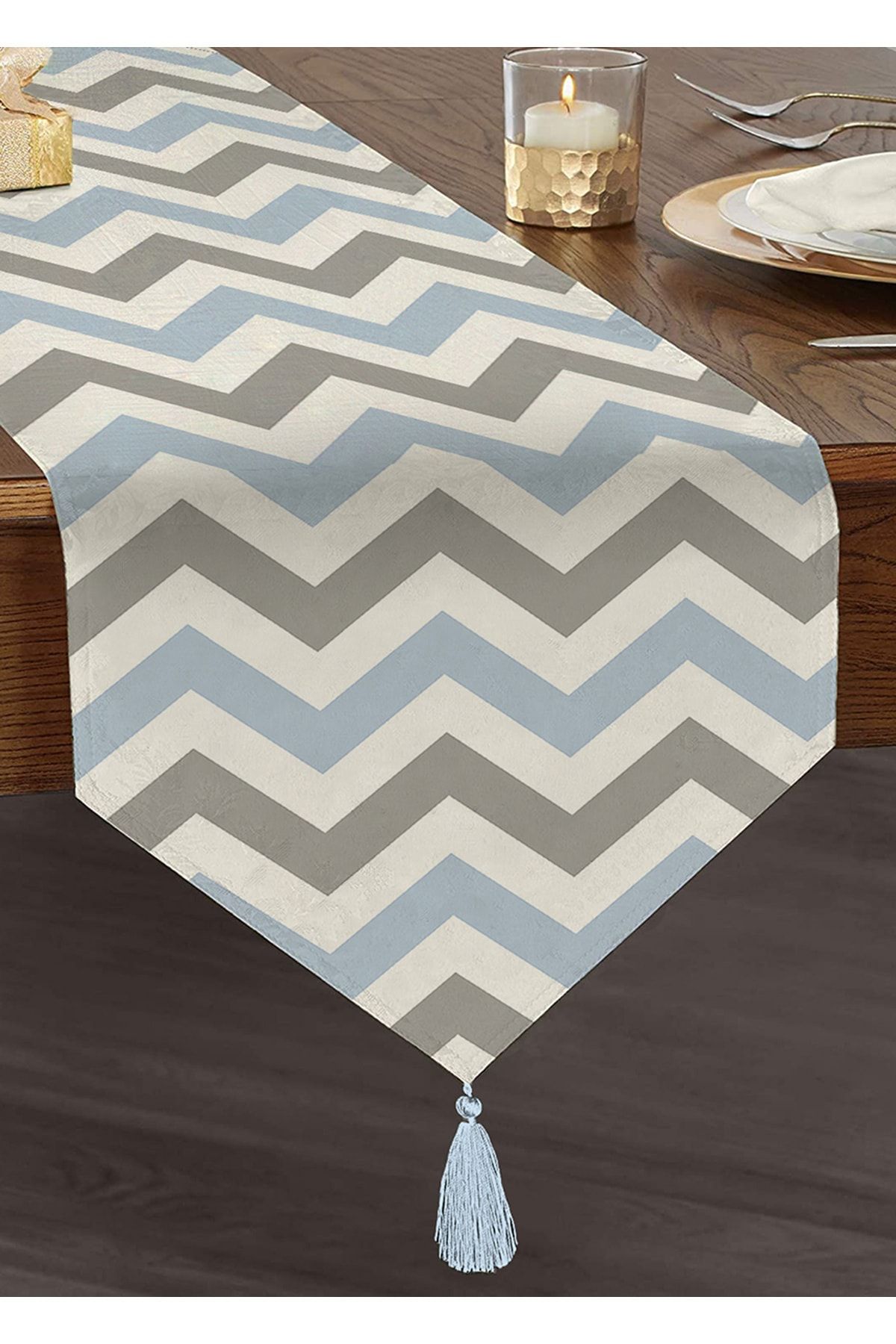 Realhomes Gri Albastru Zigzag Cu Model Digital Imprimat Modern Smocuri Chenille Triunghi Alergător - One Size