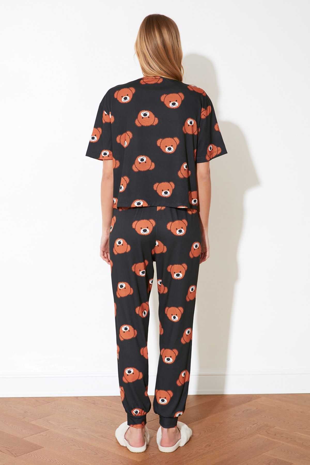 Trendyol Collection-Schwarzes Baumwoll-Pyjama-Set für Paare mit Teddybär, THMSS21PT0195 14