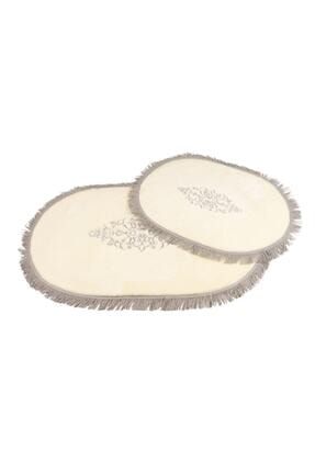 Mk-hometeks Elif Beyaz Gümüş Nakışlı Oval Büyük Banyo Paspas Takımı 2’li ELİF01G