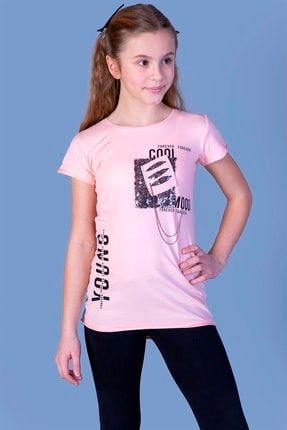 Kız Çocuk T-shirt Göğsü Lazer Kesim Pudra 14 Yaş K-130 10361-