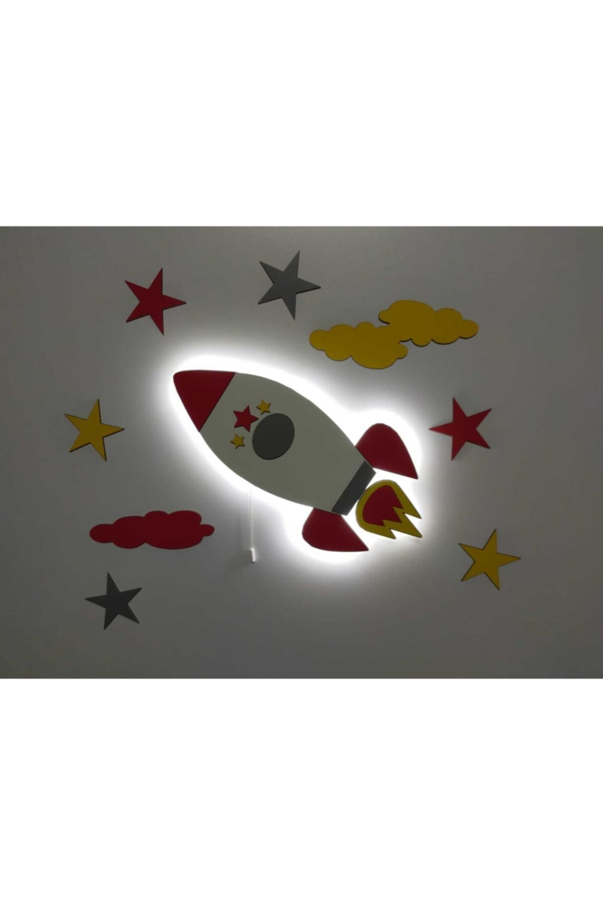 Çocuk Odası Dekoratif Ahşap Roket Gece Lambası Ledli Aydınlatma Seti