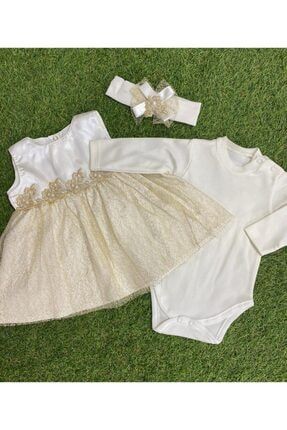 Kız Bebek Gold İnci Detaylı Üç Parça Penye Elbise Takım 101258963417