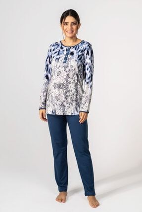 Kadın Mavi Dantel Baskılı Pamuklu Pijama Takımı 50593
