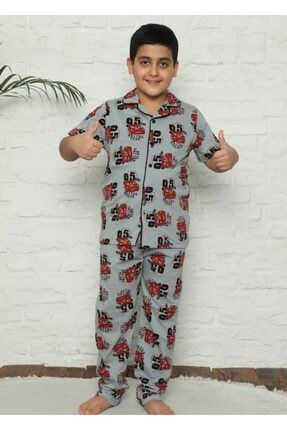 Erkek Çocuk Sevimli Arabalar Cars Desenli Gri Kırmızı Renk Düğmeli Pijama Takımı lolpjytruck