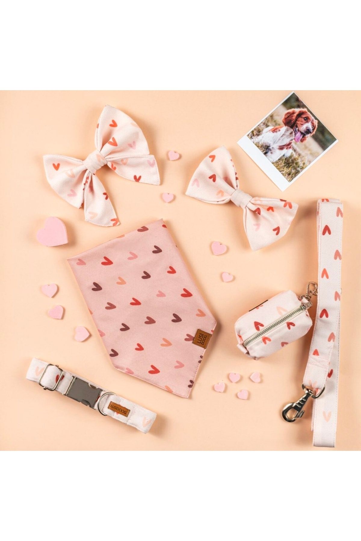 Lusi Doog-Pink Dog Walking Strap with Heart Dog Collar (Width Optional) 3