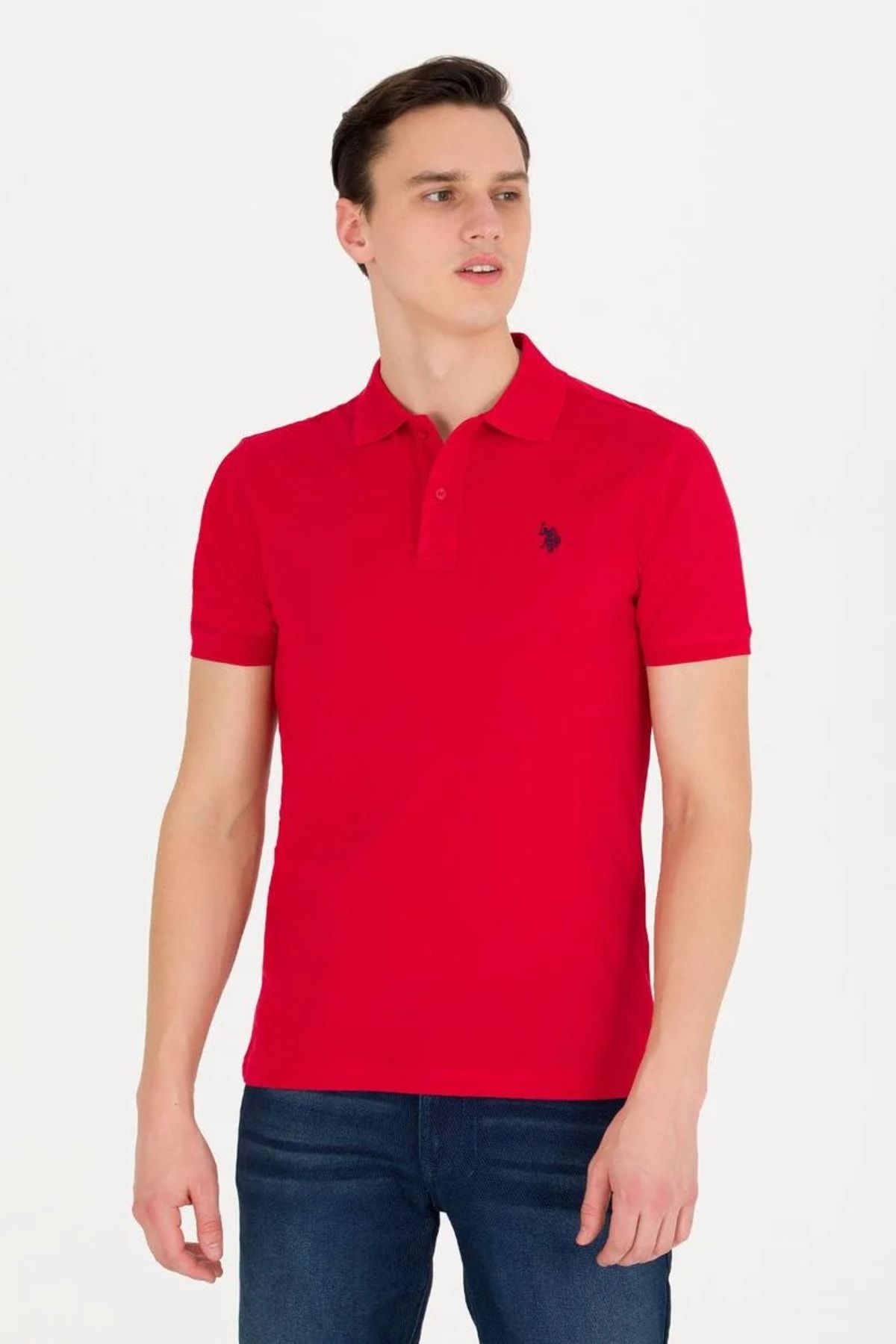 تی شرت قرمز مردانه یقه اسلیم فیت صد در پنبه ای پولو 1570718 U.S. Polo Assn.