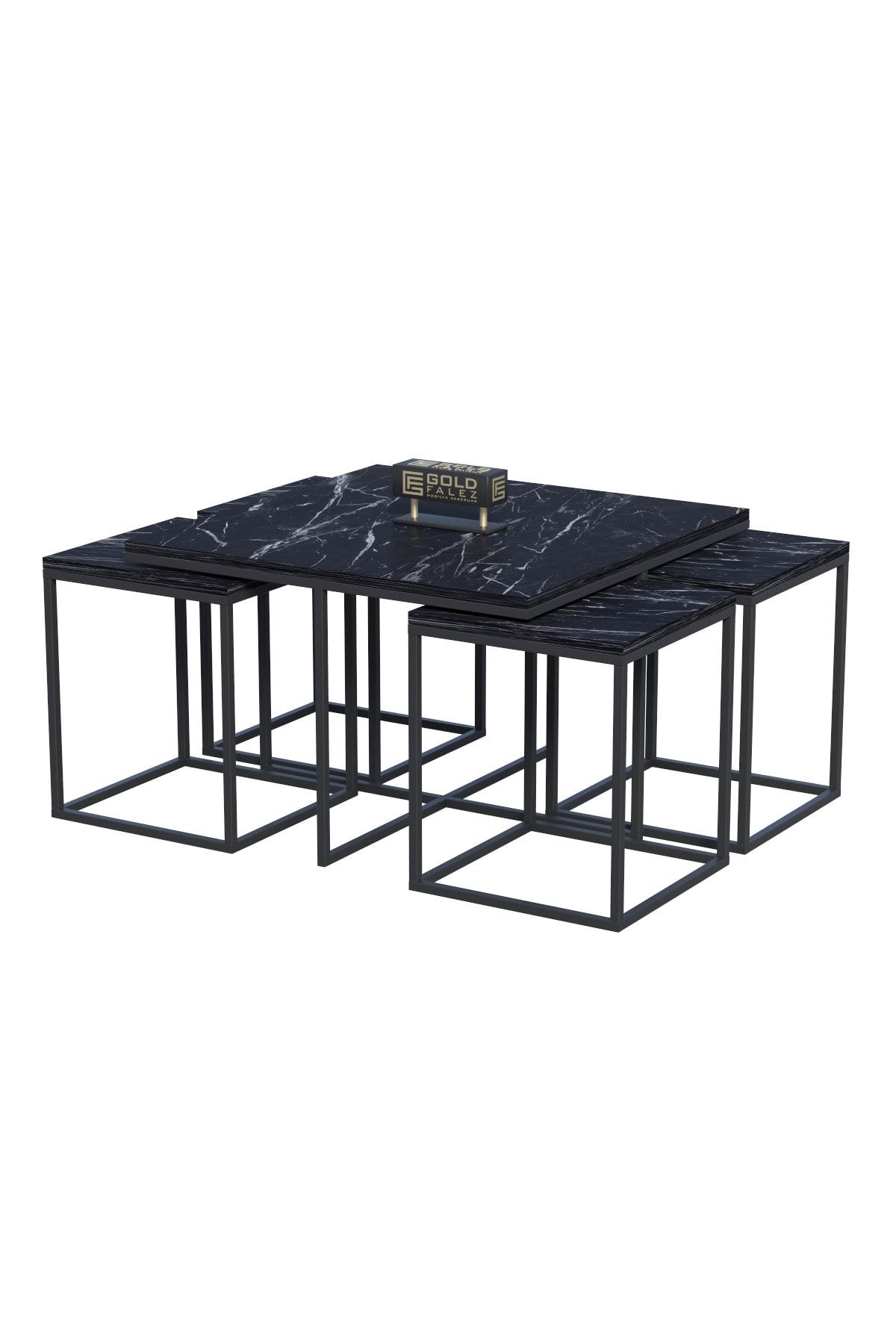 GOLDFALEZ-5-Piece Modern Nesting Coffee Table Set - 1 Center Table  + 4 Side Tables - Black Metal Frame 5
