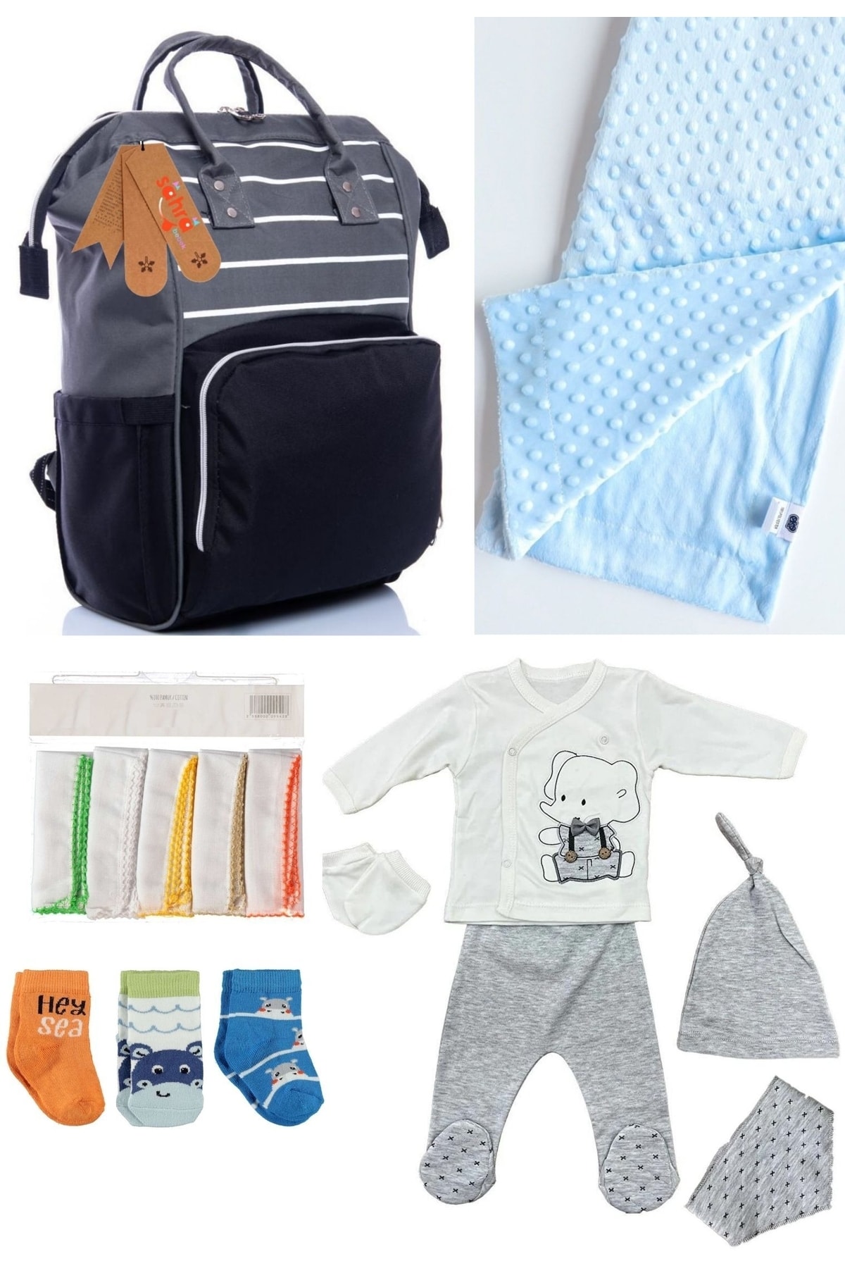 5-Piece Delivery Set (Baby Care Backpack,Hospital Checkout,Chickpea Blanket, 10 Wipes and 3 Socks)
