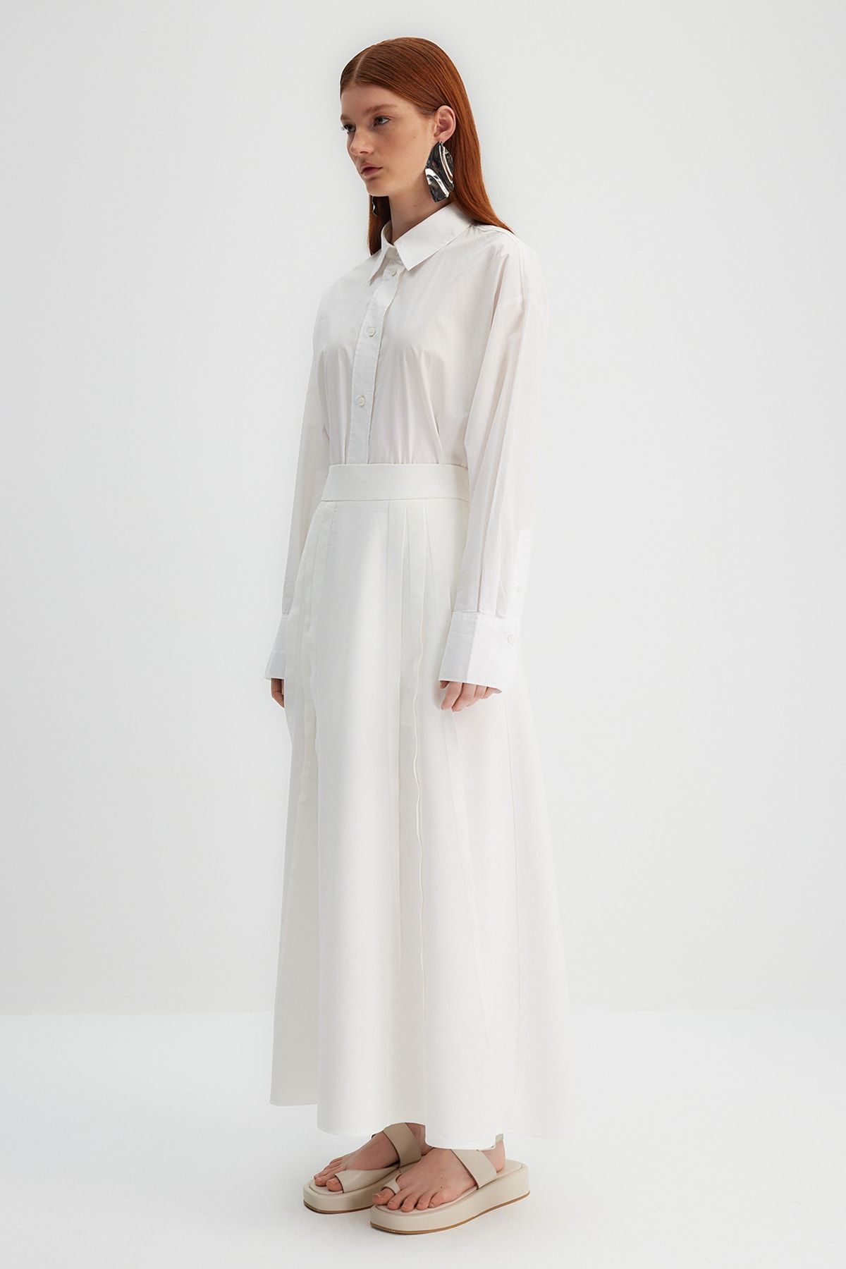 Trendyol Modest-X Kevser Sarıoglu Ecru első borda részletes bélelt szőtt szoknya TCLSS23EE00001 4