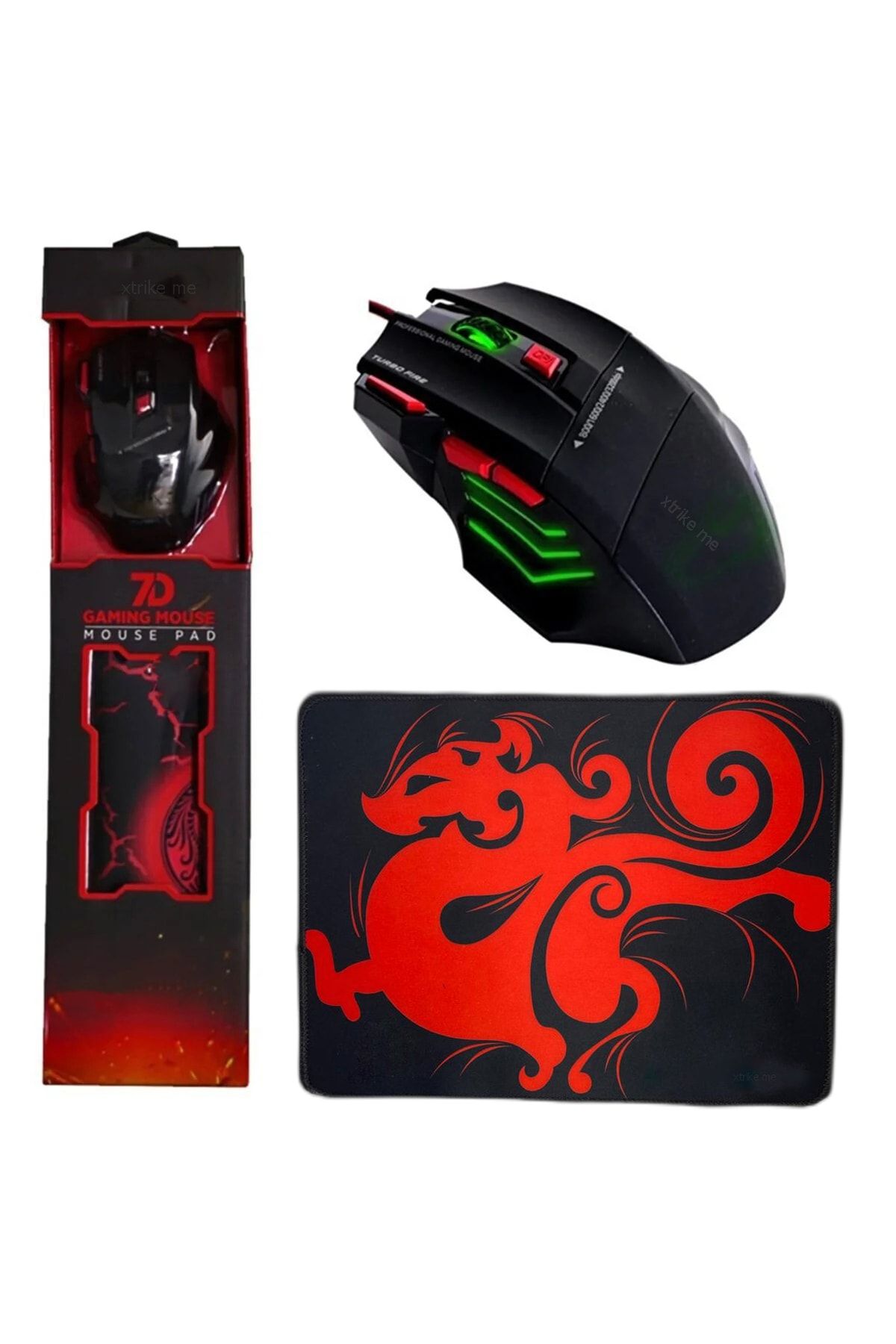 3200dpi Usb Kablolu Kırmızı Siyah Gaming Optik Mouse + Pad Hediyeli