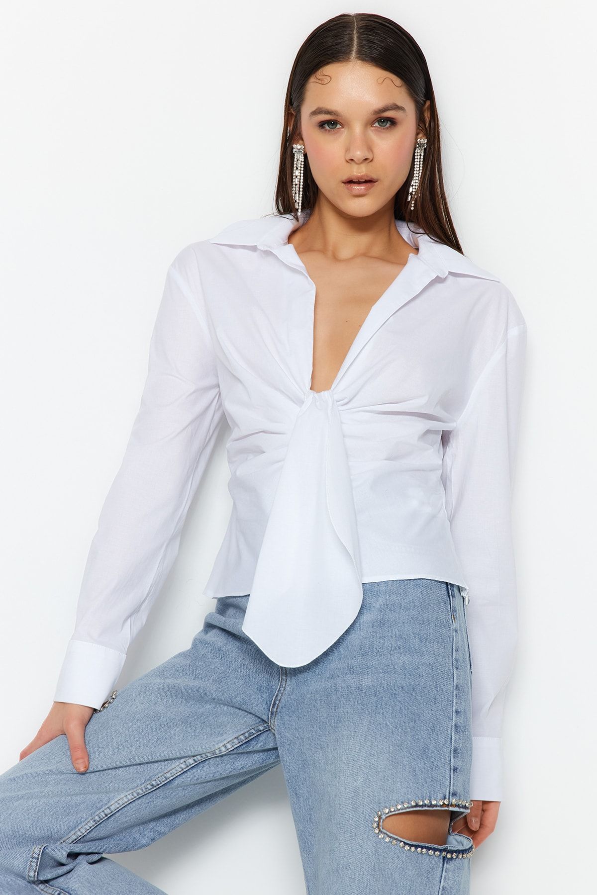 Trendyol Collection-Ecru Collar Detailed Poplin Shirt TPRSS23GO00005 1