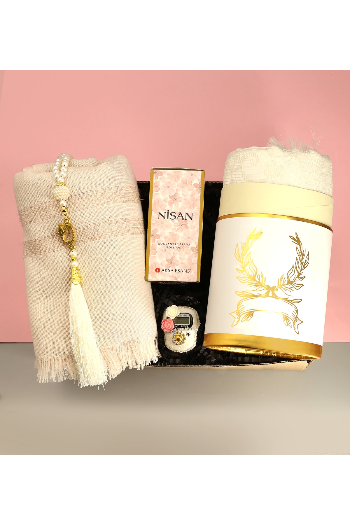Powder Colored Shawl & Boxed Prayer Rug & Rosary & Chanting & Floral Alcoholic Roll-on Essence Gift Set
