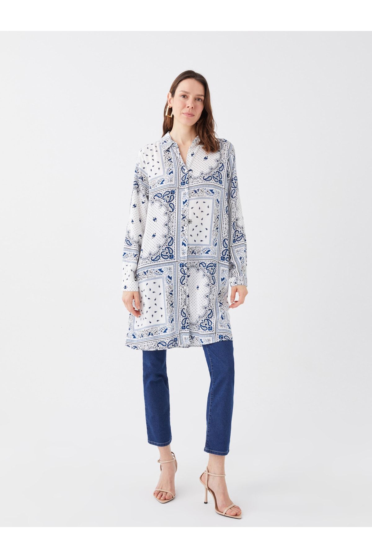 LC Waikiki-Shirt Collar Patterned Long Sleeve Women's Tunic 3