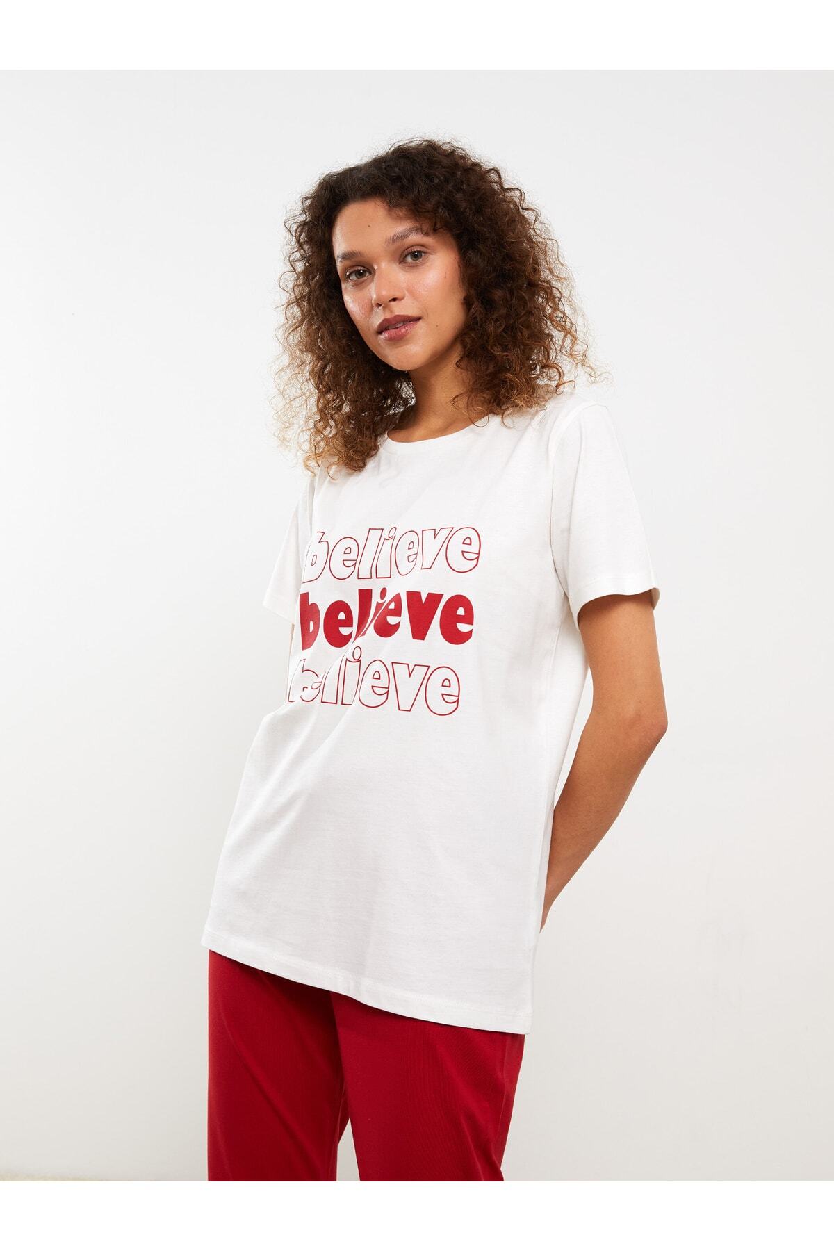 LC Waikiki-Bedrucktes Kurzarm-Pyjama-Set aus Baumwolle mit Rundhalsausschnitt für Damen 2