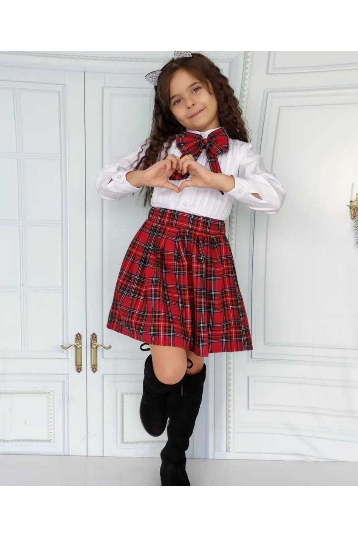 YARENK DS Girl s Plaid Skirt and White Shirt Set with Scarf
