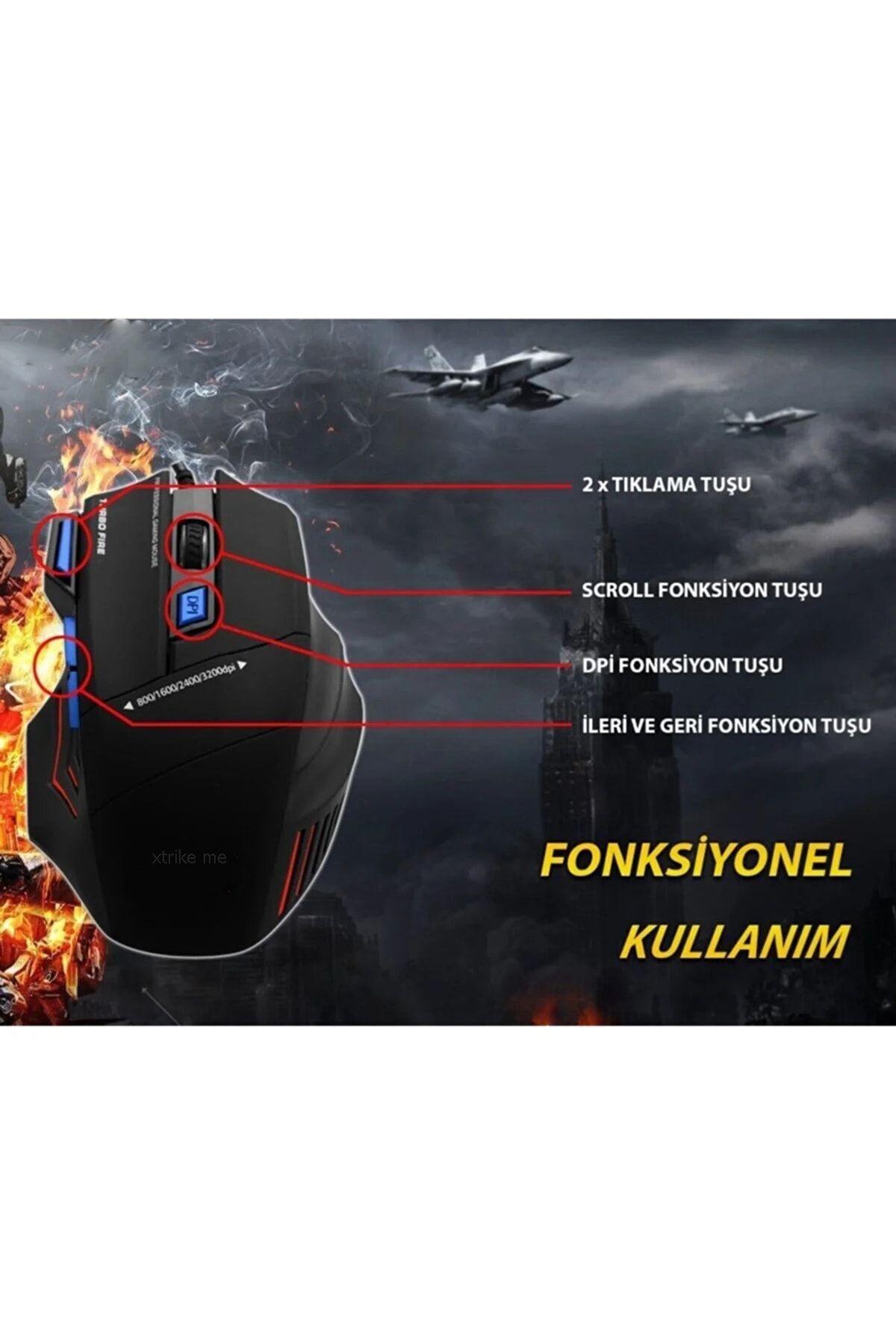 3200dpi Usb Kablolu Kırmızı Siyah Gaming Optik Mouse + Pad Hediyeli