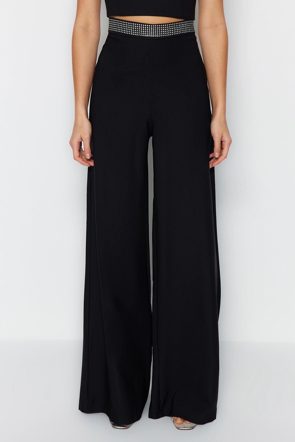 Trendyol Collection Szőtt fekete nadrág - kő övrészlet, TPRSS23PL00042