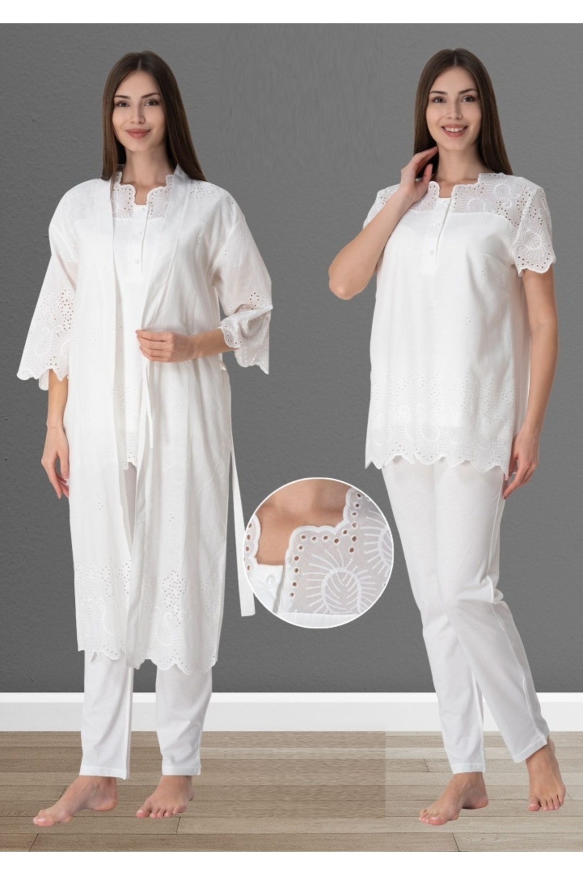 by İGP Ekru Pamuklu Fistolu Sabahlıklı Hamile Lohusa Pijama Takımı Effortt
