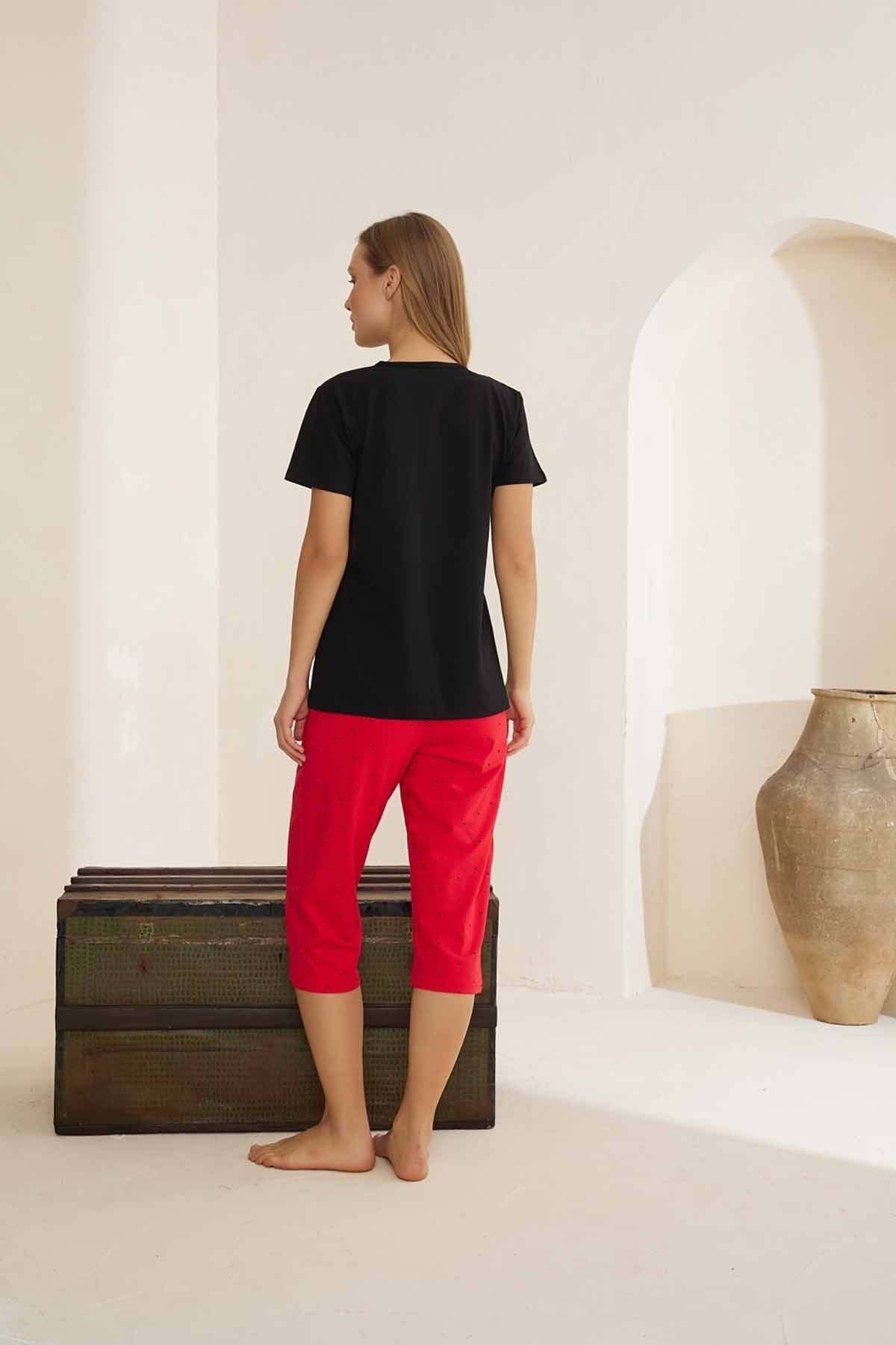 Siyah İnci Cotton Lycra Knitted Capri Set - Trendyol