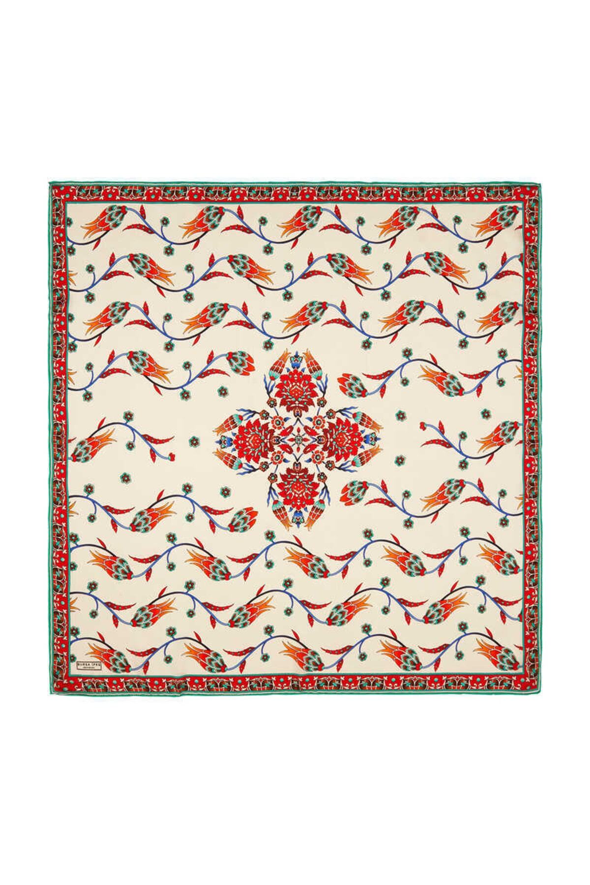 Bursa İpek-Μεταξωτό φουλάρι Ecru Petrol Row Tulip Pattern 1