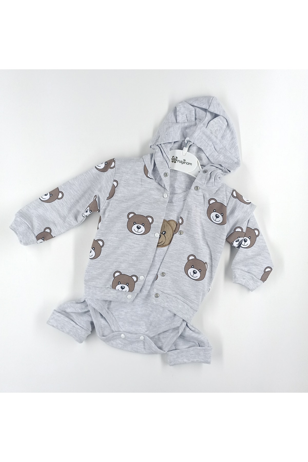 Nayinom Hobbe Baby Ayıcıklı Bebek Takım Gri 3-6-9 Ay fotoğrafı 2 (önizleme)