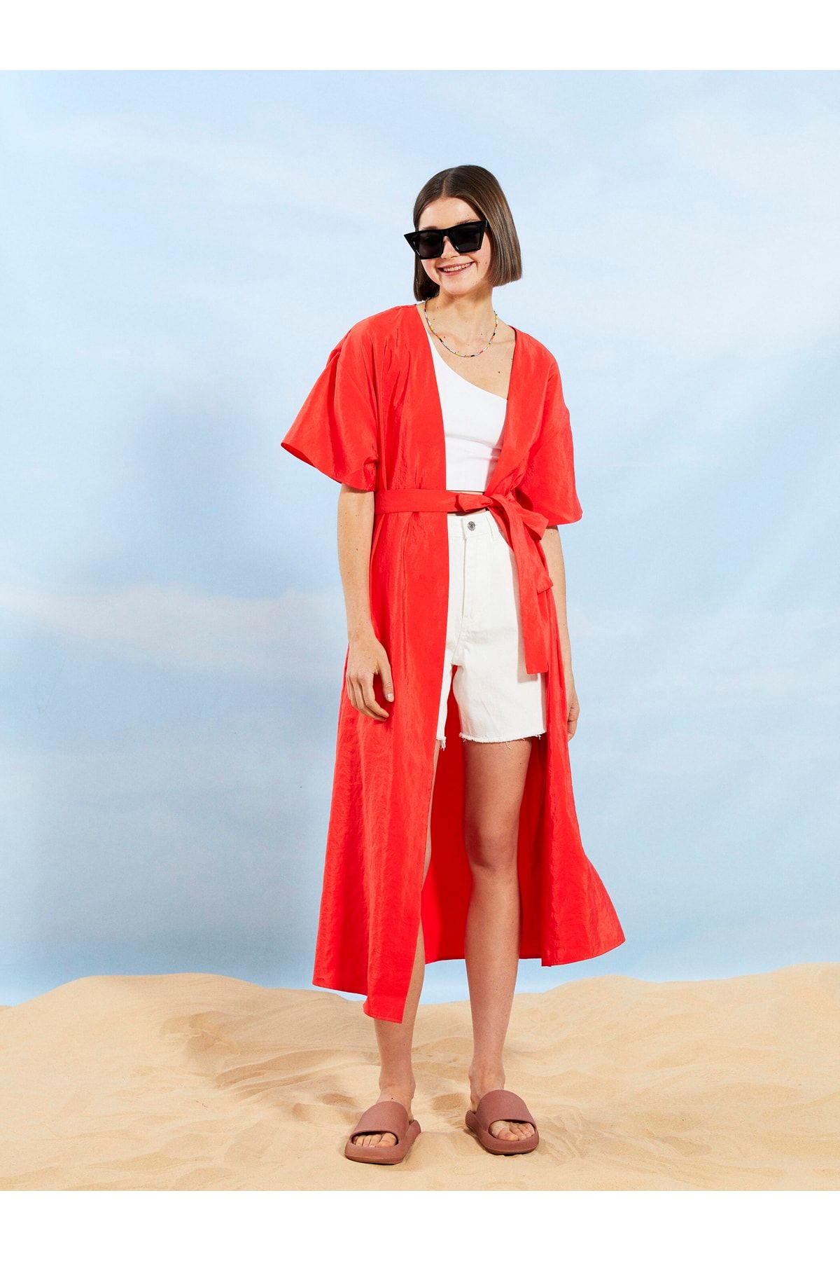 Şal Yaka Düz Kısa Kollu Poplin Kadın Kimono