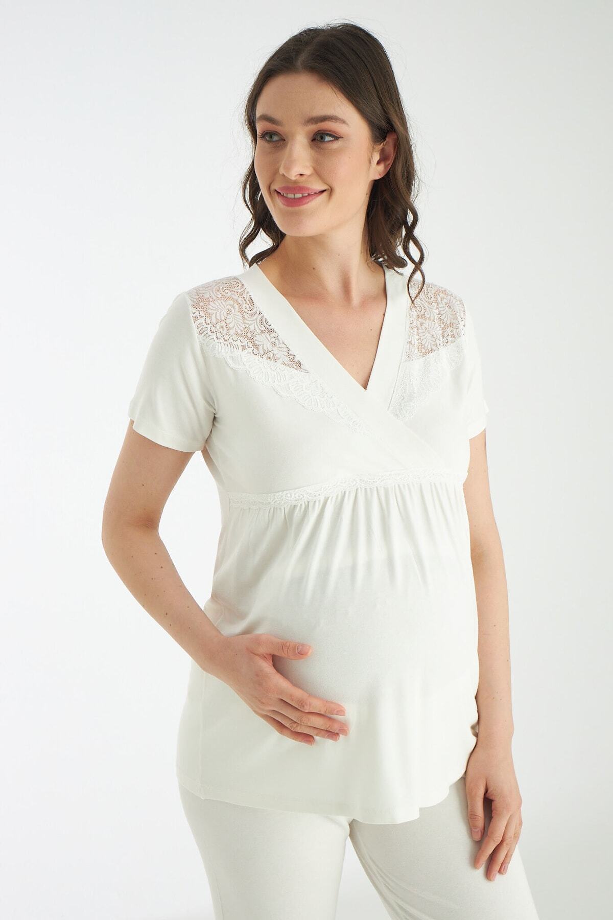 Miss Dünya Lissa Beyaz Dantel Detaylı 3lü Sabahlıklı Hamile Ve Lohusa Pijama Takımı fotoğrafı 7 (önizleme)