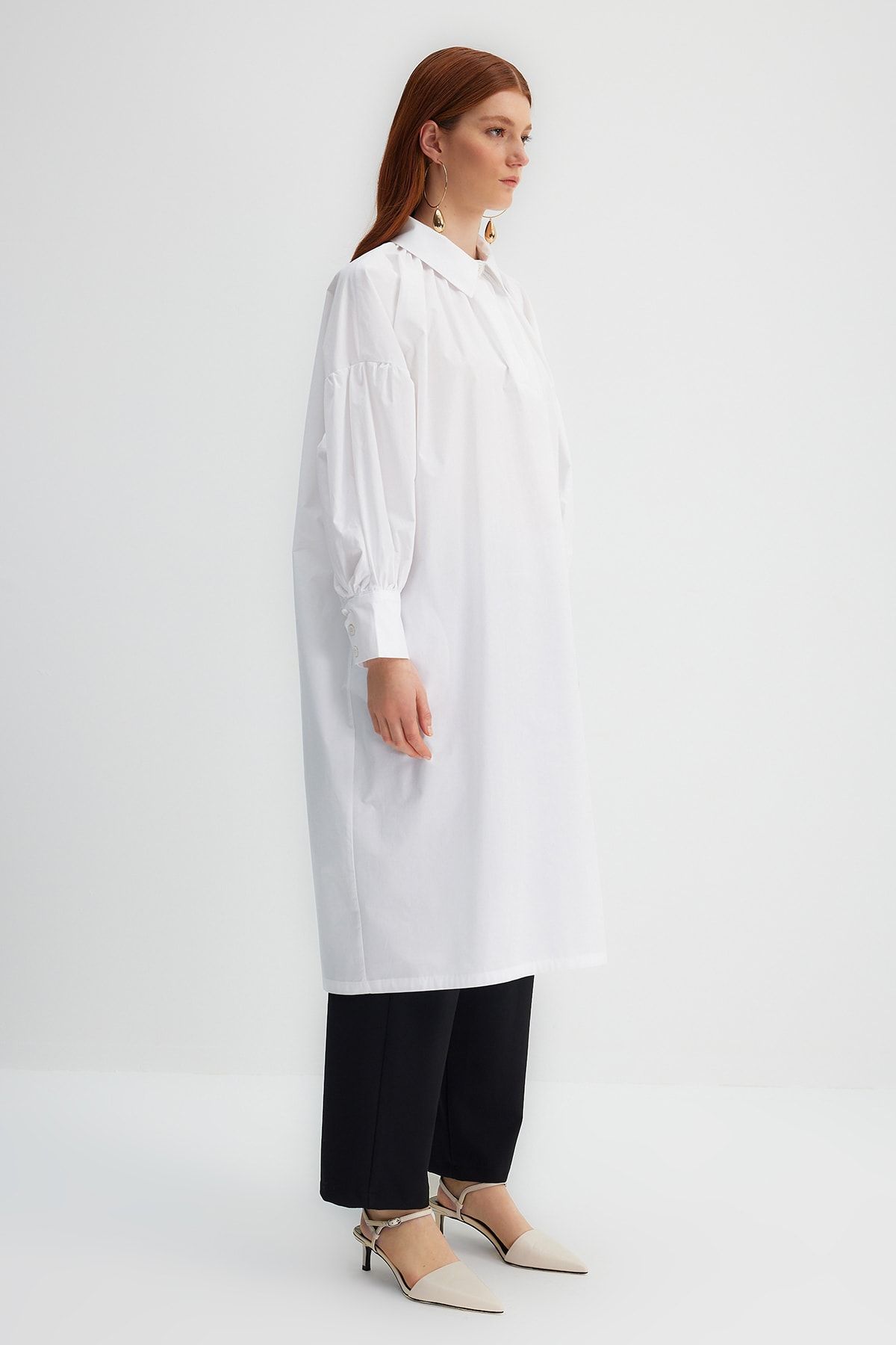 Trendyol Modest-X Kevser Sarıoglu White Half Placket Drawstring Detailed 100% Cotton Poplin Woven Tunik TCLSS23UK00002 3