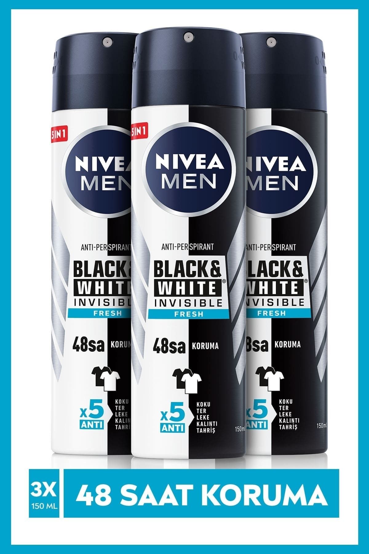 NIVEA Мужской дезодорант-спрей, черный и белый, невидимый, оригинальный, 150 мл, 3 шт., защита от пота, 48 часов, НАБОР.NVE.156