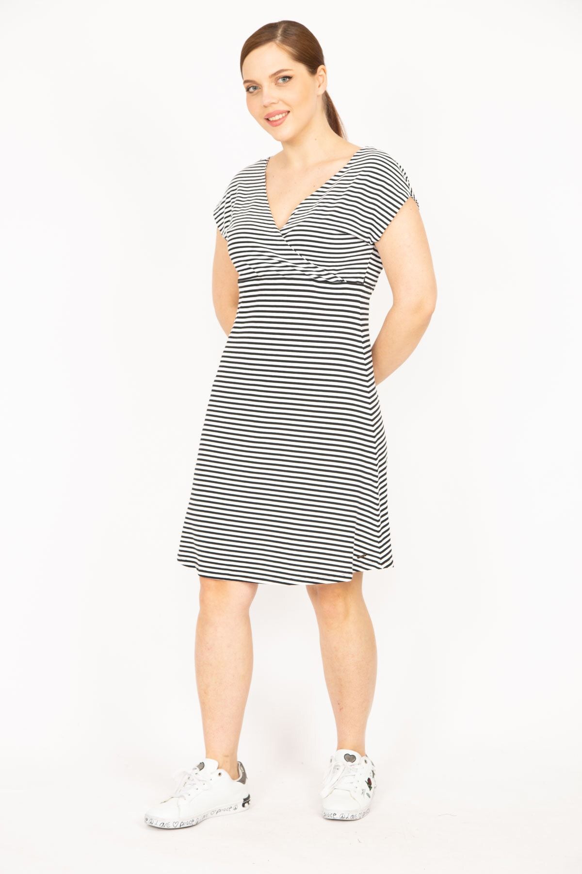 ans Women s Black Plus Size Wrap Collar Striped Dress Trendyol