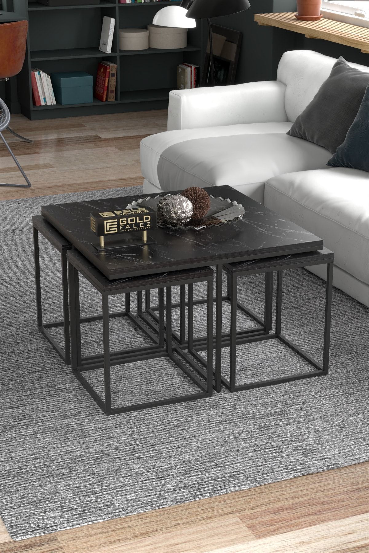 GOLDFALEZ-5-Piece Modern Nesting Coffee Table Set - 1 Center Table  + 4 Side Tables - Black Metal Frame 3