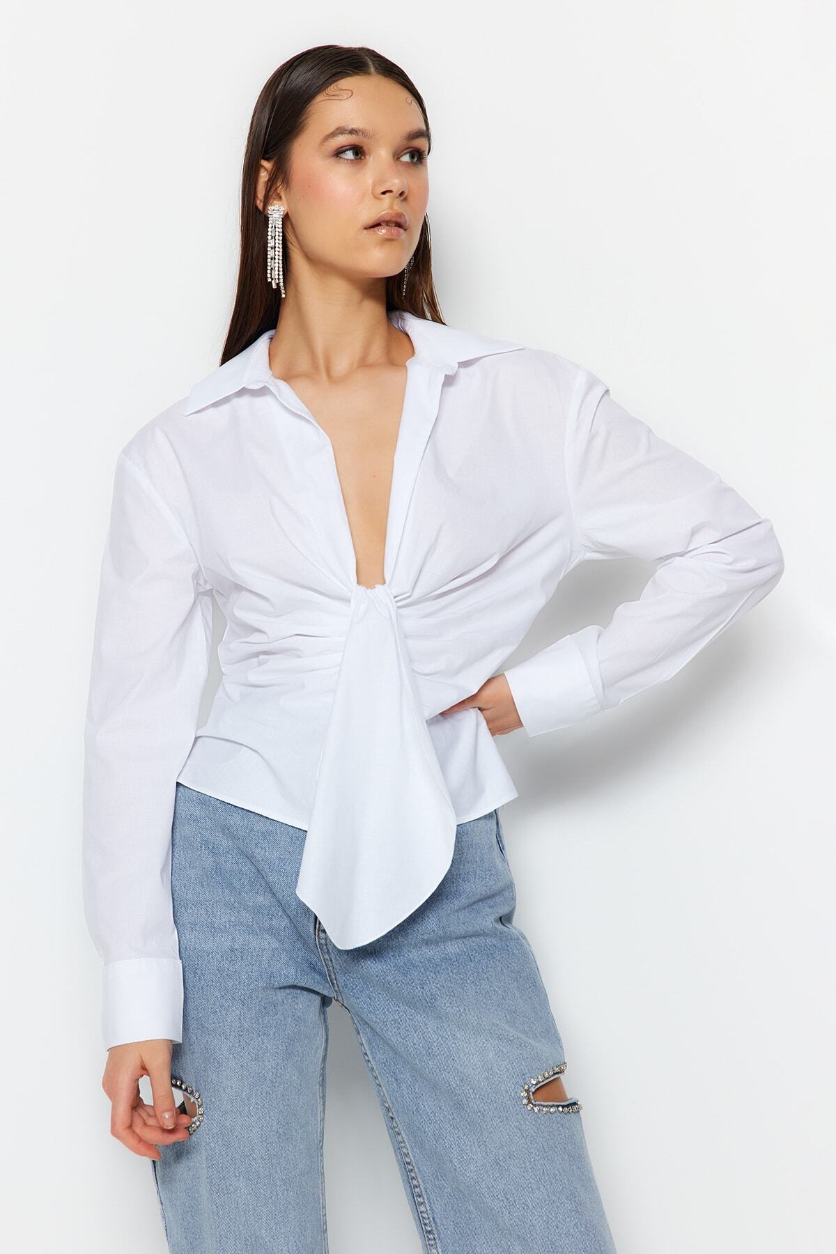 Trendyol Collection-Ecru Collar Detailed Poplin Shirt TPRSS23GO00005 2