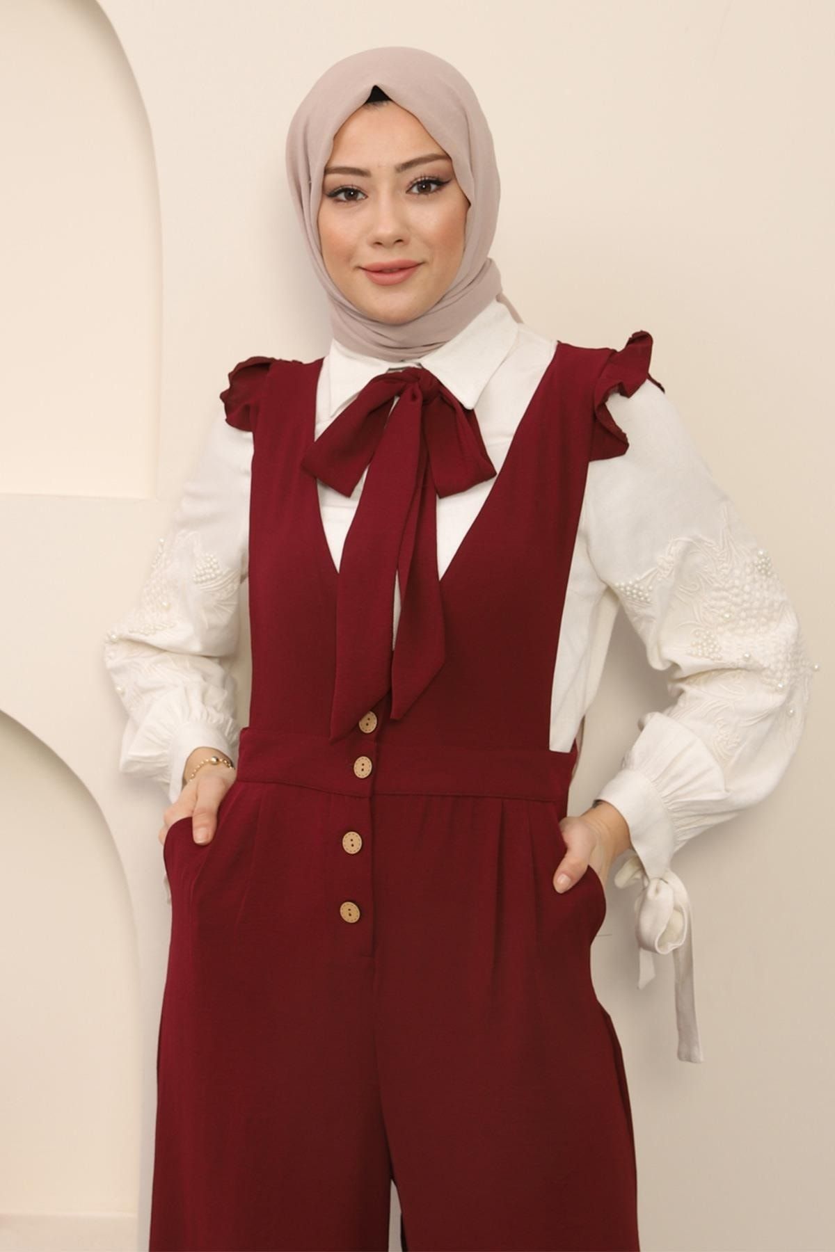 ModaMihram Bow Tie Buttoned Jumpsuit Claret Red 12215 Trendyol