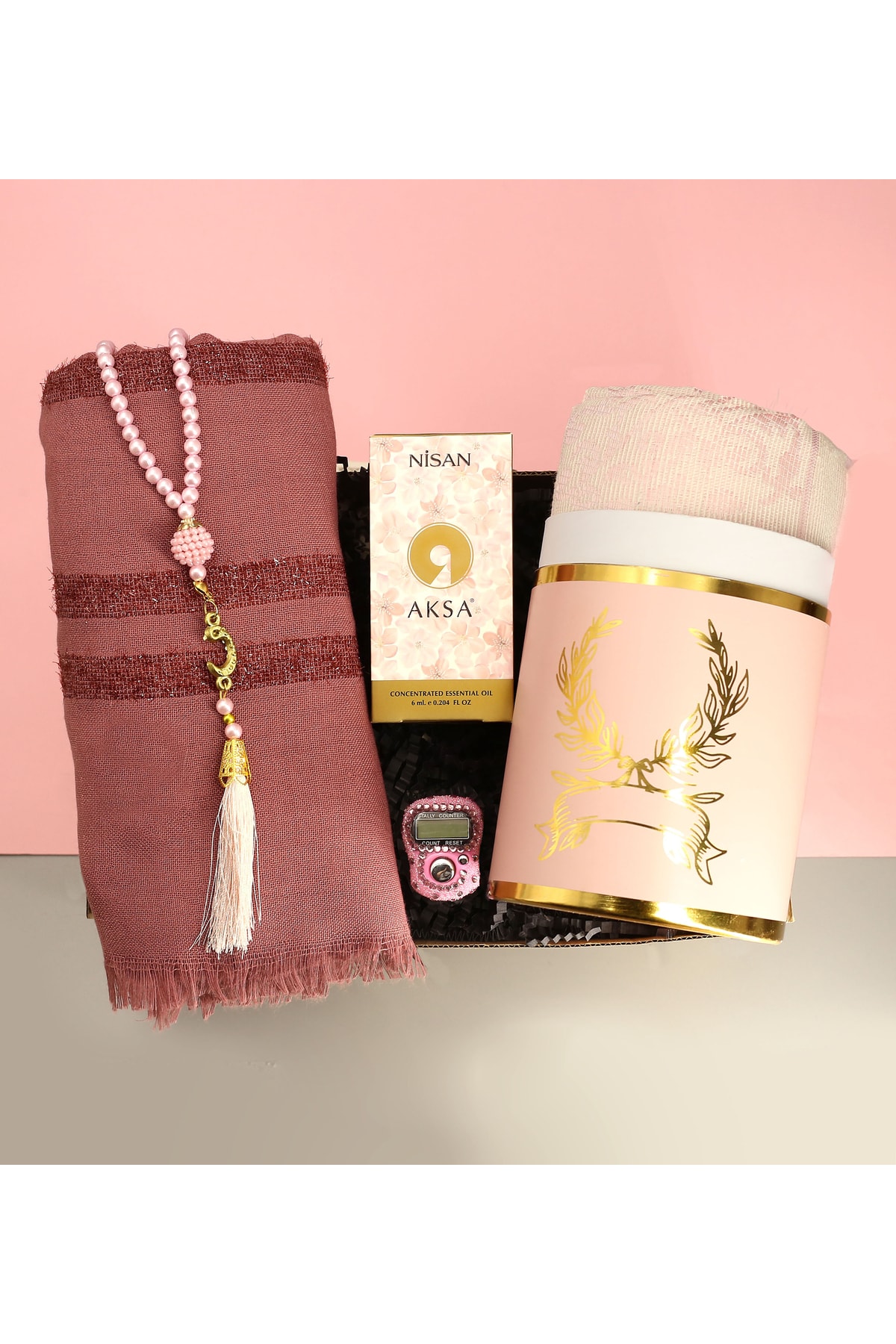 Glitter Plum Shawl & Boxed Prayer Rug & Chanting & Floral Fragrance Alcohol-Free Roll-on Essence Gift Set