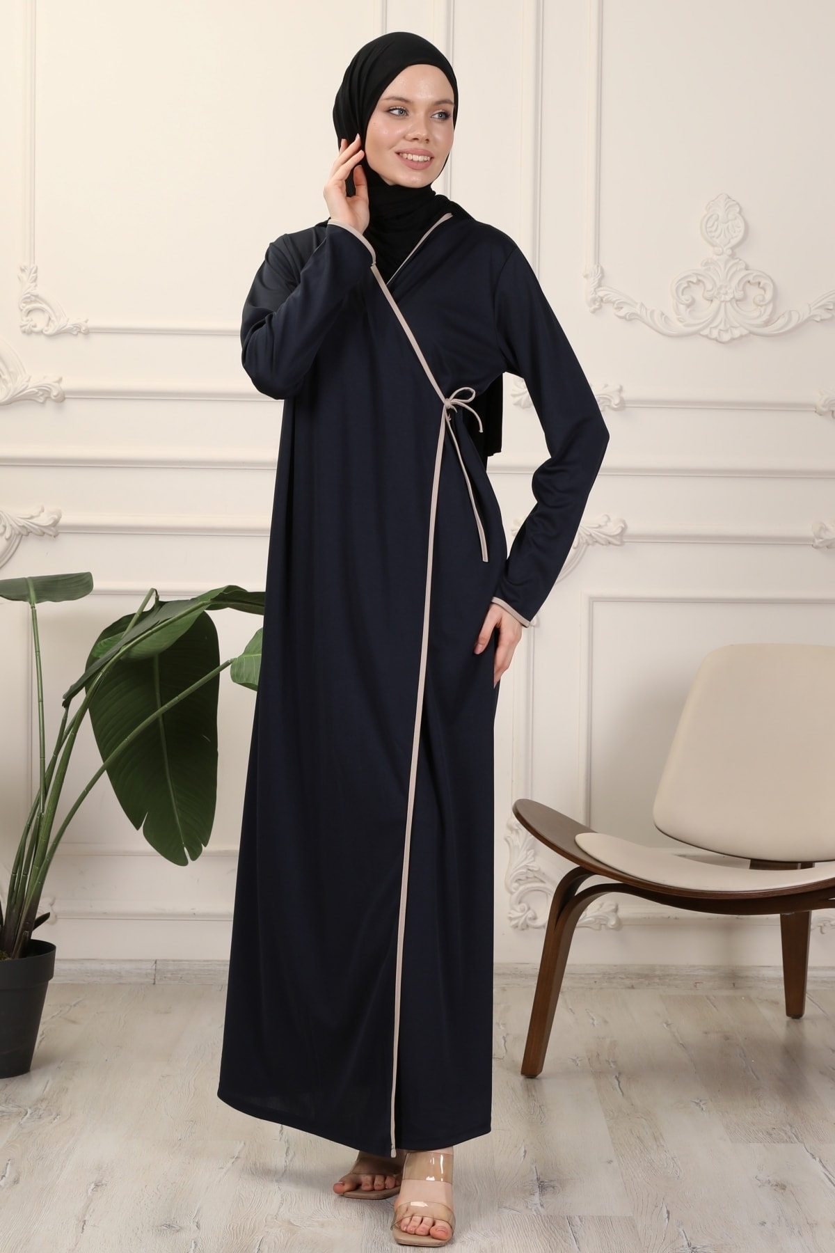 Transacoustic Lacivert Kruvaze Yaka Biyeli Esnek Interlok Kumaş Namaz Elbisesi