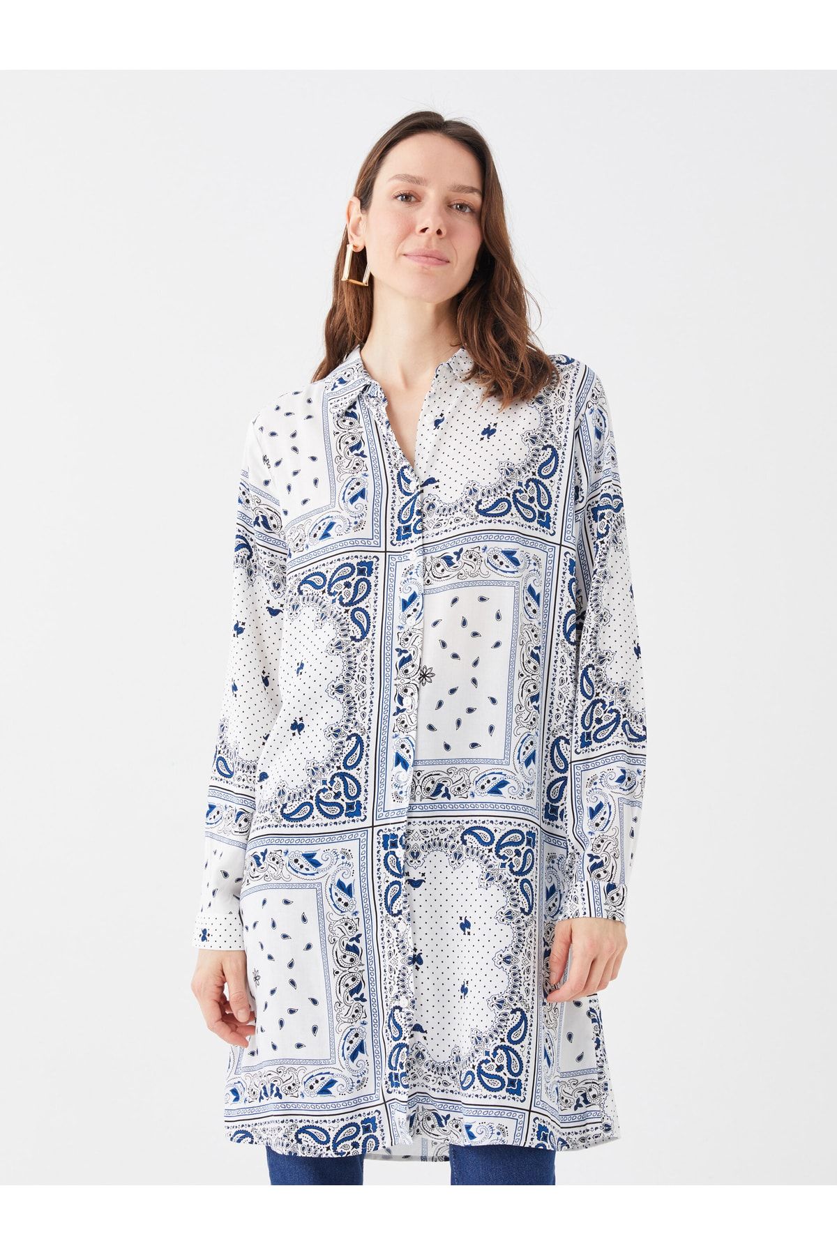 LC Waikiki-Shirt Collar Patterned Long Sleeve Women's Tunic 2